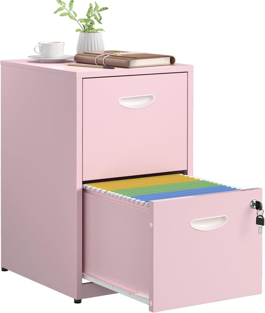 2 Drawer File Cabinet with Lock,Pink Metal Office Drawers Filing Cabinets for Home Office, Two Drawer Under Desk File Cabinet for Hanging Letter,Easy Assemble