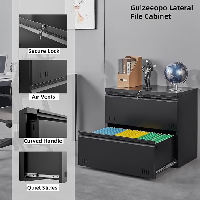 Metal File Cabinet with Lock, 2 Drawer Lateral File Cabinets for Home Office, Printer Stand, Heavy Duty Office Storage Cabinet for A4/Letter/Legal Size, Assembly Required(Black)