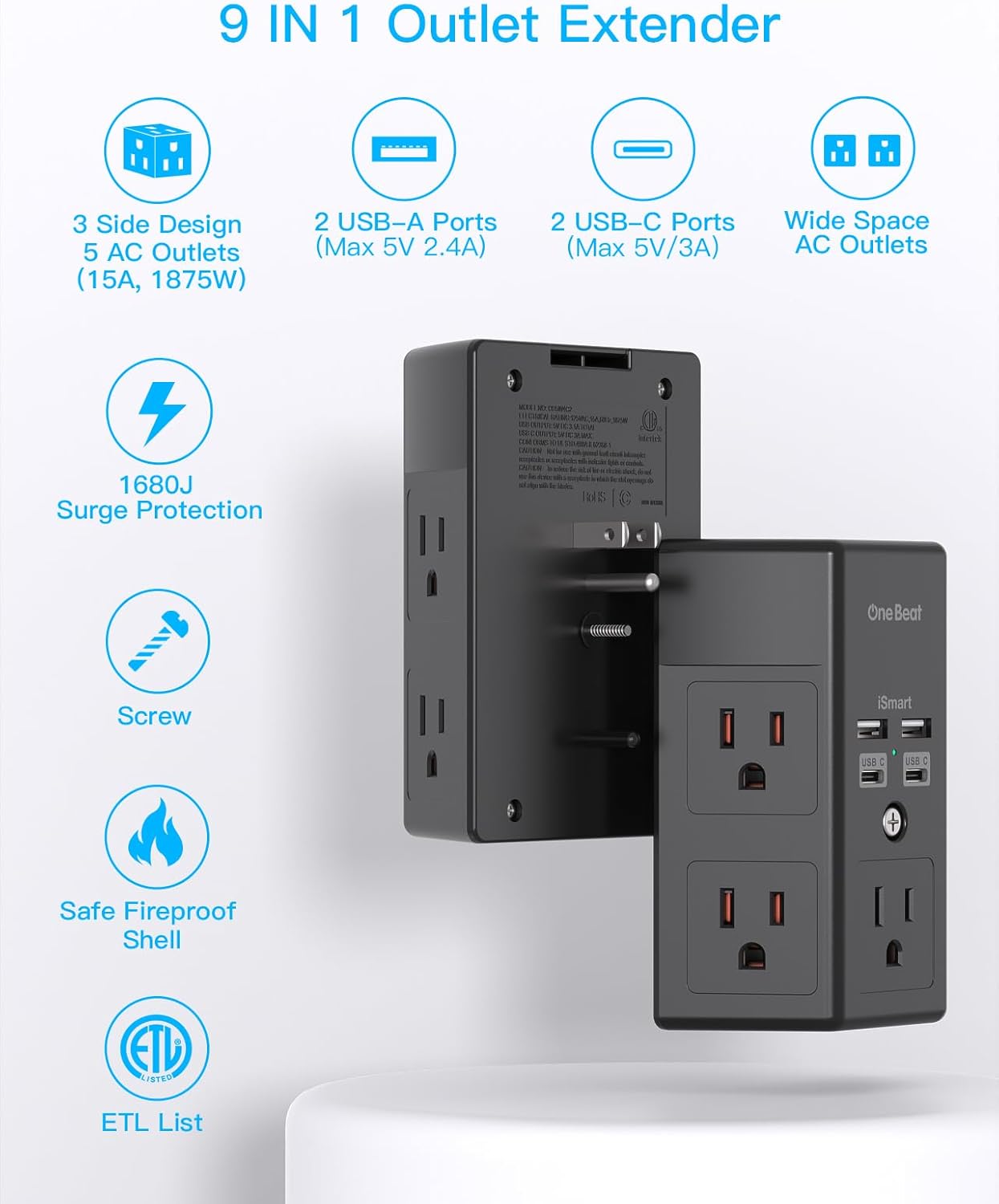 Surge Protector, 5 Outlets Extender with 4 USB Ports(USB C), 3-Side 1680J Power Strip Multi Plug Outlet Expander, USB Wall Charger, Outlet Splitter Adapter Wall Mount for Home Office ETL Listed（Black）