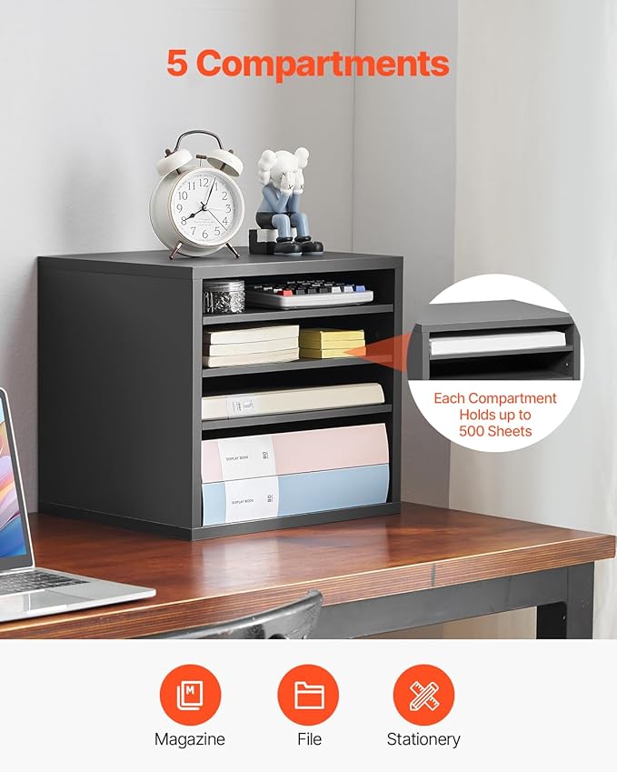 VEVOR Literature Organizer, 5 Compartments Office Mailbox with Adjustable Shelves, Wooden Mailbox Sorter Medium Density Fiberboard Office Home Classroom Storage for Files, Documents, Papers, Grey