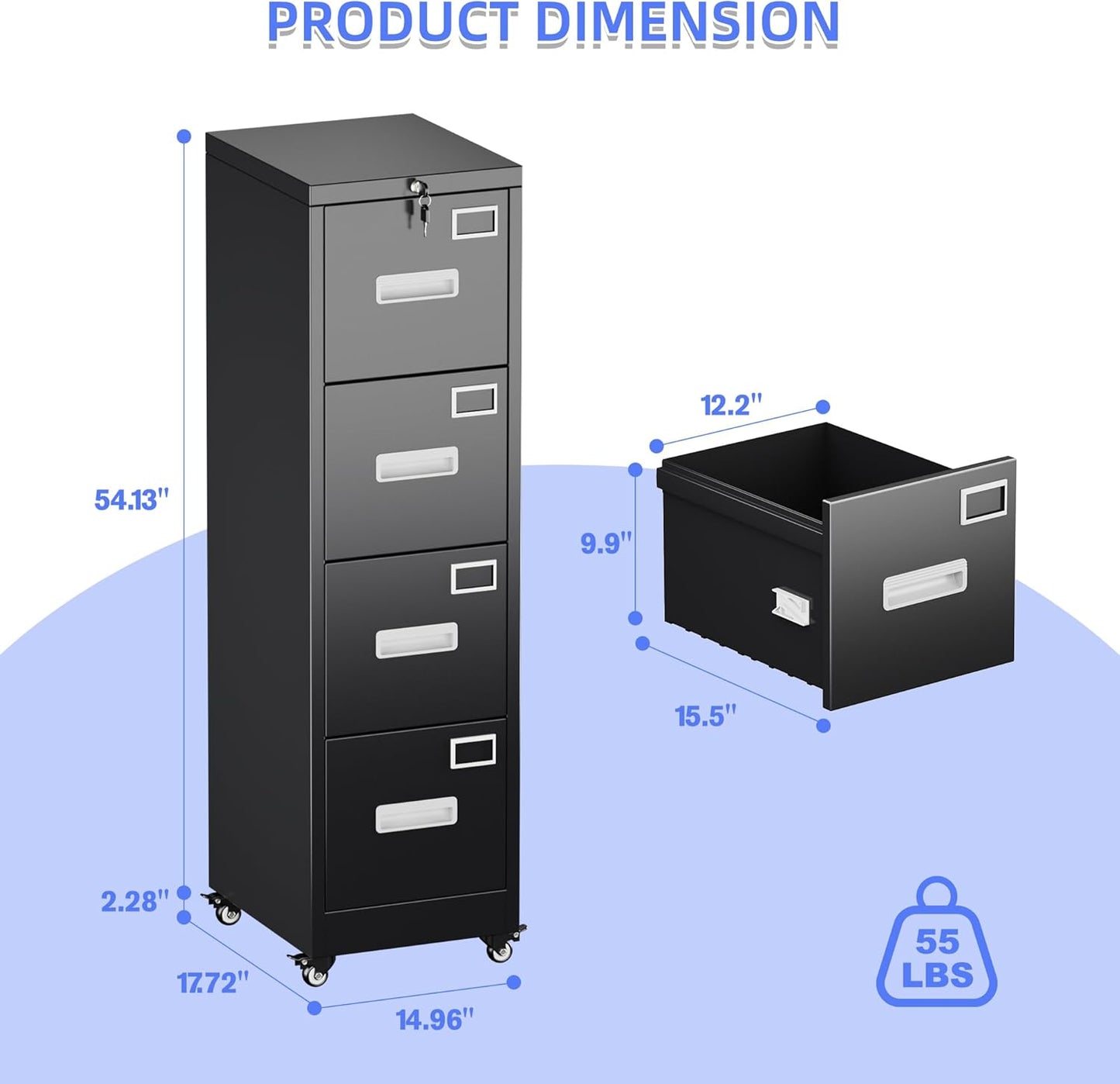 METAN 4 Drawer Vertical File Cabinet on Wheels, Lockable Office Files Storage Cabinet with Handle and Name Card,Mobile Storage Cabinet for Office and Home,Assembly Required,Black