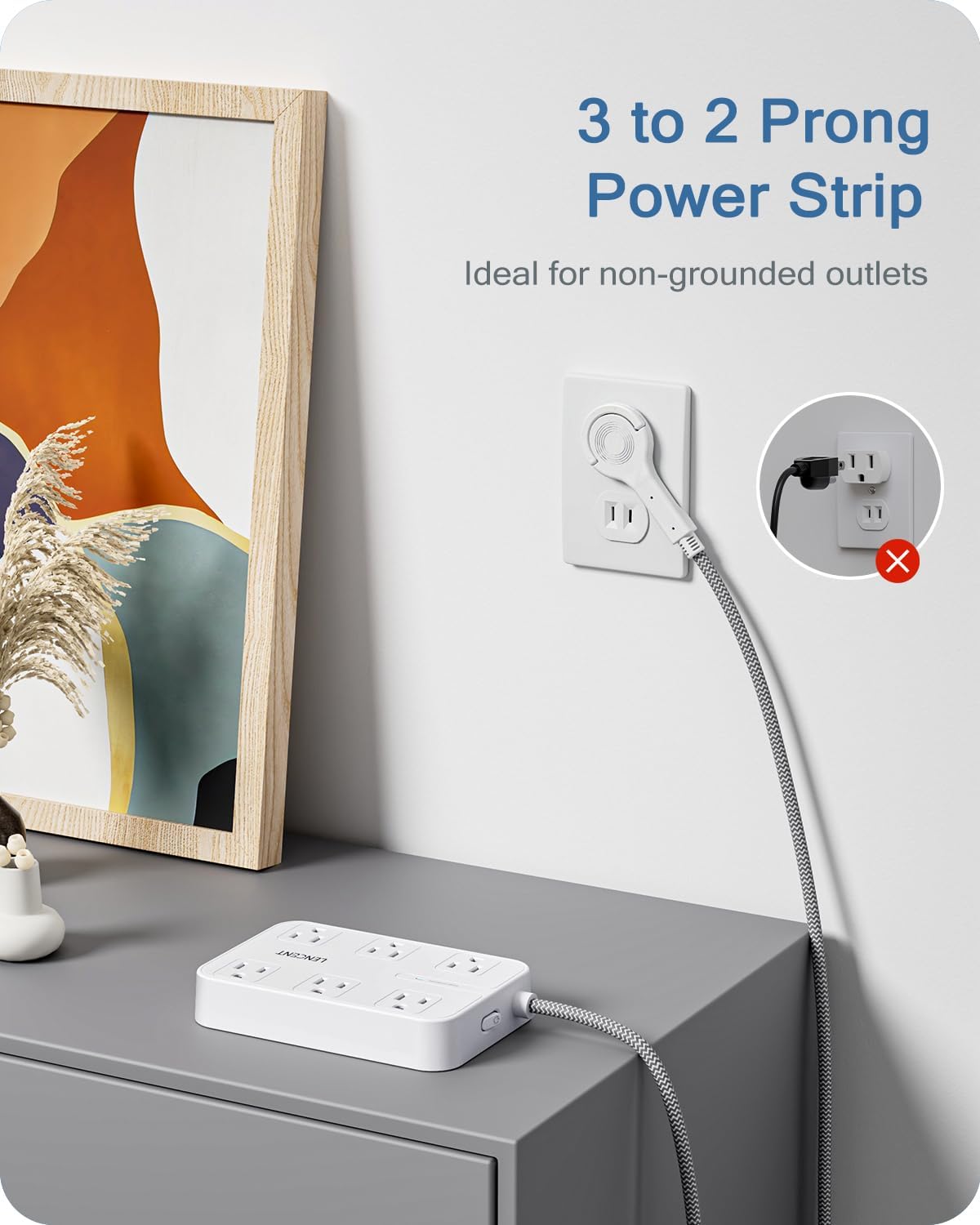 LENCENT 2 Prong Power Strip, 3 to 2 Prong Outlet Adapter, 1050J Surge Protector, 6ft Braided Extension Cord with Thin Flat Polarized Plug, 6 AC & 4 USB (1 Type-C), Wall Mount for Non-Grounded Outlet