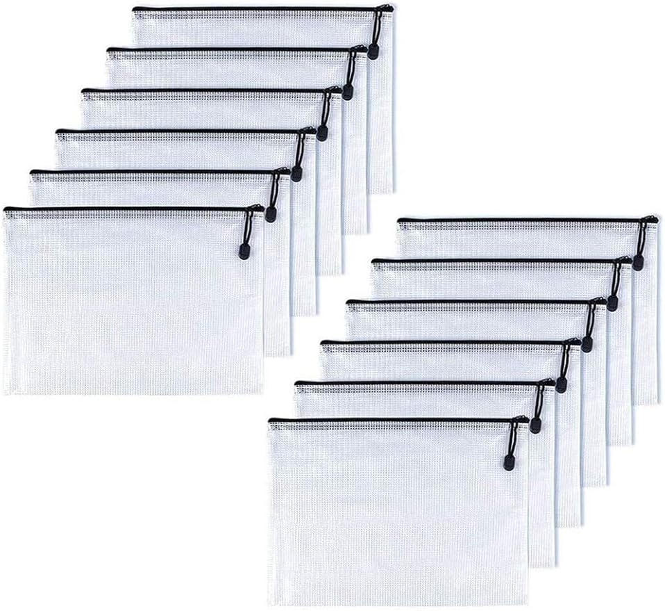 Oaimyy-A6(4.5"x 6.5",12 Pcs),Plastic Mesh Zipper Pouch Document Folders Bag Zip File Folders for School Office Supplies, Travel,Puzzles Games Organizing Storage-Black