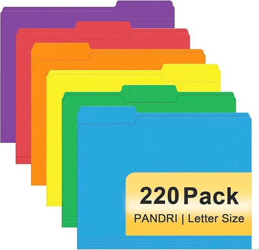 File Folder, PANDRI 220 Pack Colored File Folder, 1/3 Cut Tabs, Letter Size, Assorted 6 Colors Filing Folder for Office School Business