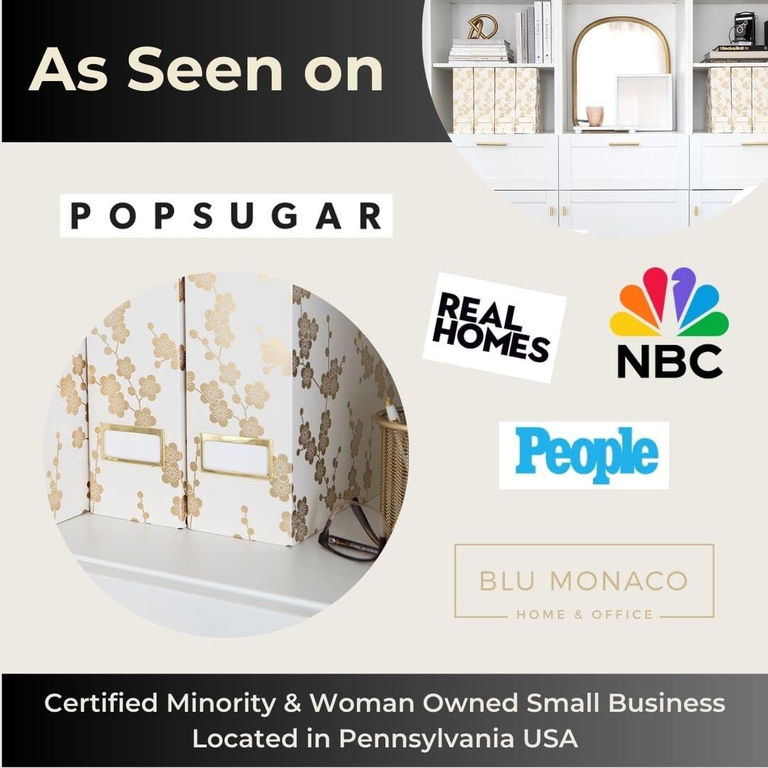 BLU MONACO Decorative Foldable Magazine Storage Boxes for Desk – Set of 4 with Gold Floral Pattern & Gold Label Holder – Ideal for Book Organization & Vertical File Storage