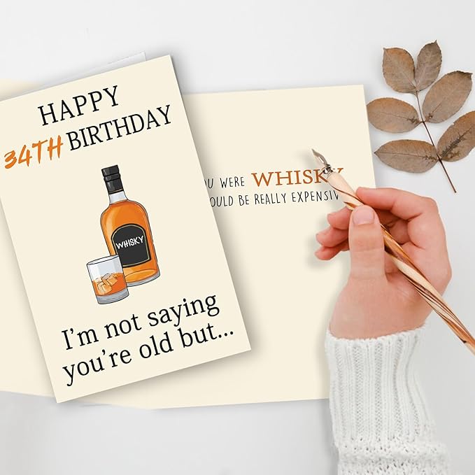 Happy 34th Birthday Card, Funny 34th Birthday Decorations for Her Him, Unique 34th Birthday Gifts for Women Men, Whiskey 34 Year Old Birthday Gifts Decor Ideas