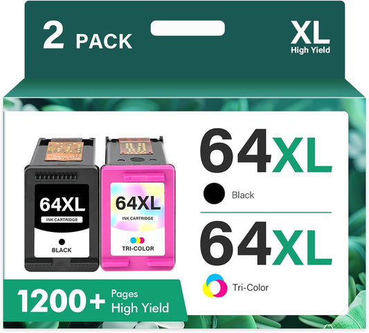 64XL 64 Black and Color Ink Cartridge Combo Pack XL Remanufactured Replacement for HP Printers Envy Photo 7855 7155 Inspire 7900e Series 7255e 7200e 7955e 7858 7800 6255 Tango Ink Cartridges (2 Pack)
