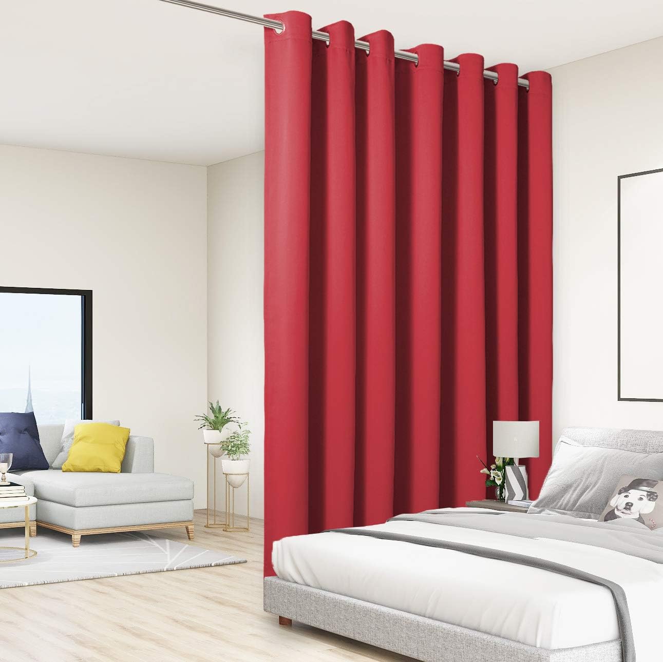 BONZER Room Divider Curtain Total Privacy Wide Blackout Room Darkening Grommet Curtains for Shared Room, 96L x 108W Inch (8L x 9W ft), 1 Panel, Red