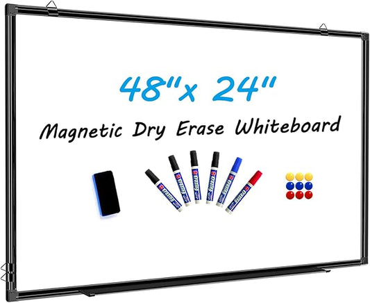 H-Qprobd 48"x24" Magnetic White Board Dry Erase Wall Mount Whiteboard - Office Home Classrooms White Board Hanging Writing Board with Black Aluminum Frame