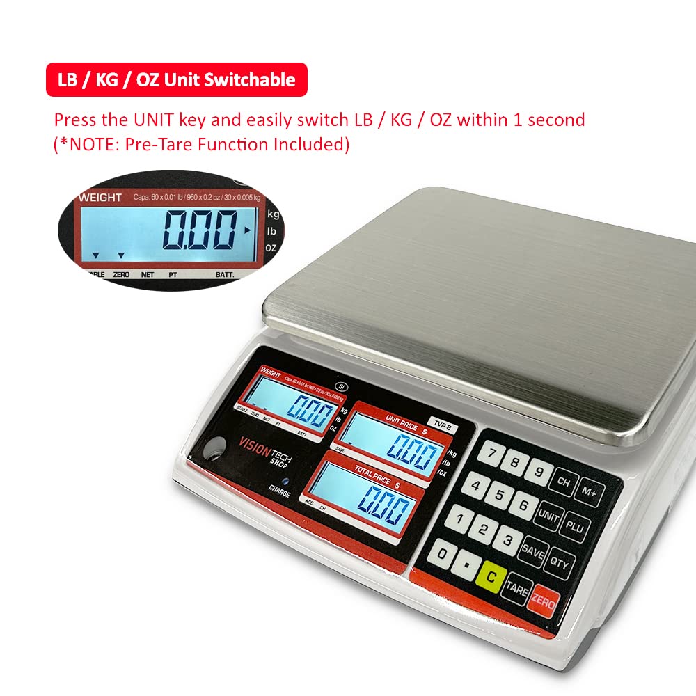 VisionTechShop TVP-12B Price Computing Scale, Lb/Oz/Kg Switchable, 12lb Capacity, 0.002lb Readability, NTEP Legal for Trade COC #19-038, NSF Certified