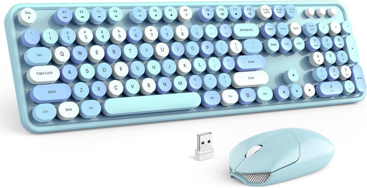 MOFII Wireless Keyboard and Mouse Combo, Blue Colorful Round Key Typewriter Keyboards, 2.4GHz Full Size Keyboard Computer Mice, USB Receiver Plug and Play, for Laptop, PC, Chromebook, Smart TV