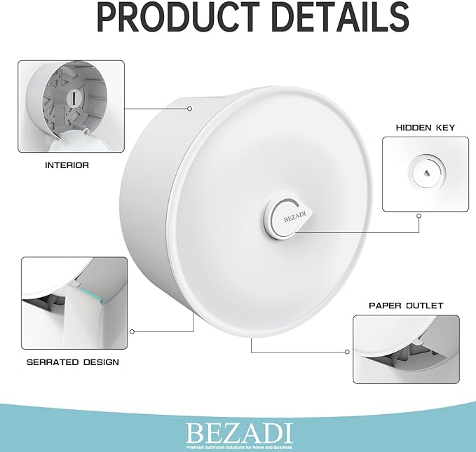 Paper Towel Dispenser Wall Mount, Jumbo Roll Toilet Paper Dispenser Key Lock Commercial Household Large Capacity White