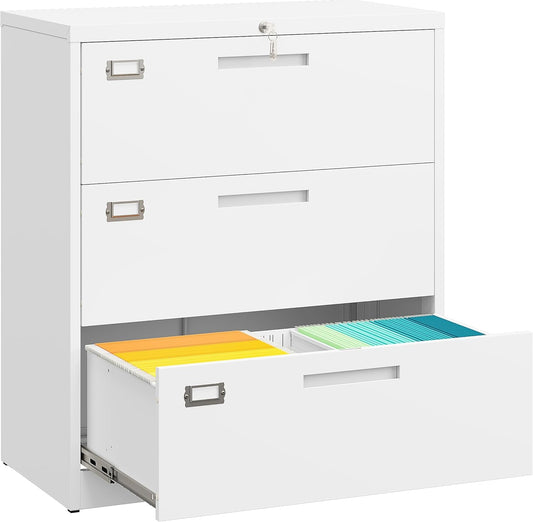 SISESOL 3 Drawer Lateral File Cabinet with Lock,White Lateral Filing Cabinet,Horizontal Metal Filing Cabinets,Locked Wide Three Drawer File Cabinets for Office Home,Fit A4/F4/Letter/Legal File
