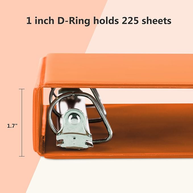 ViVin Sturdy 1 Inch D Ring Binders, 3 Ring Binders with 2 Pockets, Hold 225 Sheets of US Letter Size Paper for Office,Home,School, 6 Pack (Orange)