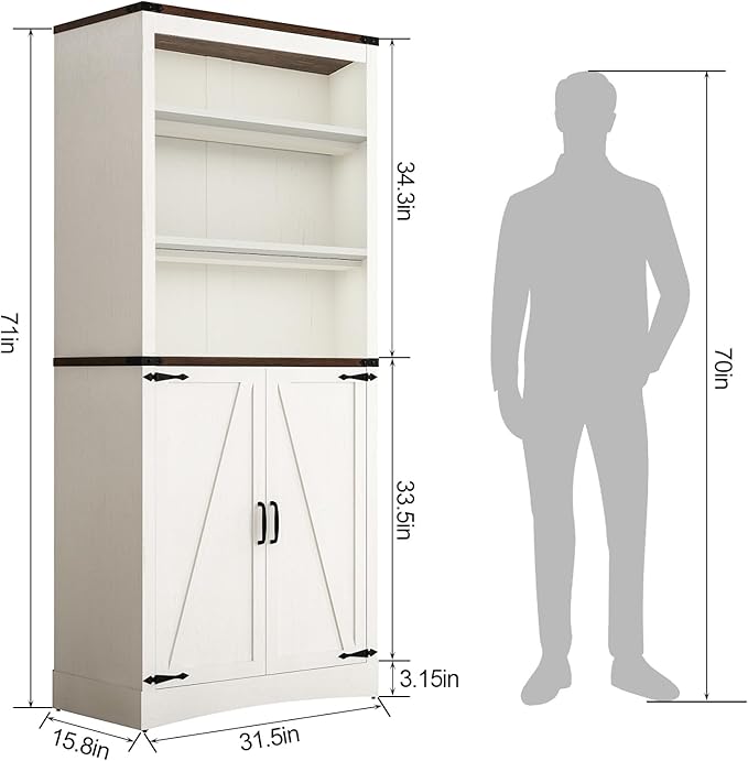 71in Farmhouse Kitchen Pantry Cabinet,Tall Storage Cabinet with 2 Doors and Adjustable shelves,with Load-Bearing Steel Pipe,Wood Storage Cabinets for Kitchen,Dining Room,Bathroom(White)