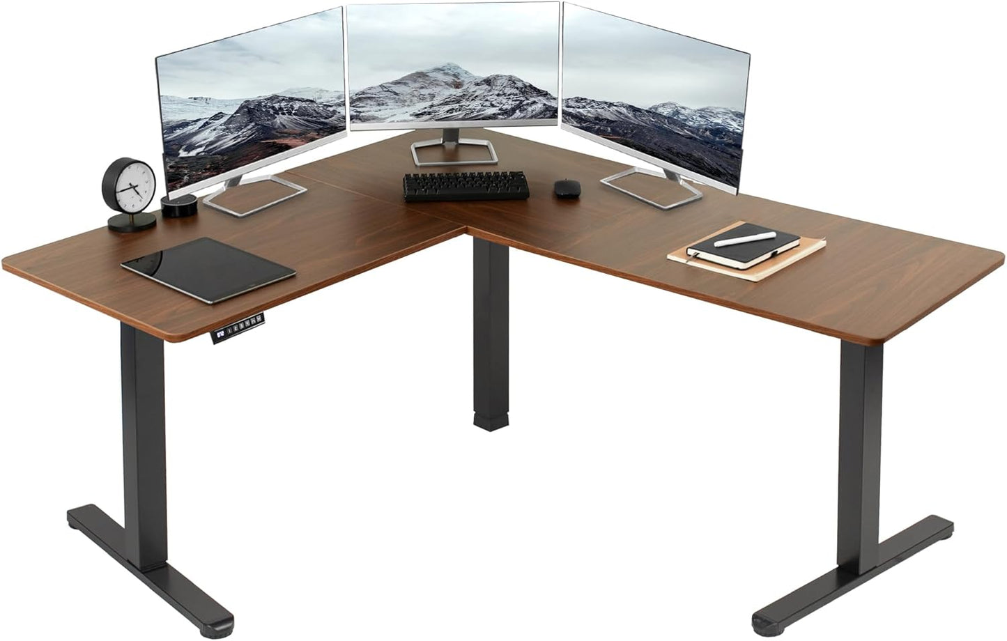 VIVO Electric Corner L-Shaped 63 x 55 in Standing Desk, Memory Height Adjustment, Dark Walnut Top Black Frame, DESK-E3CTD