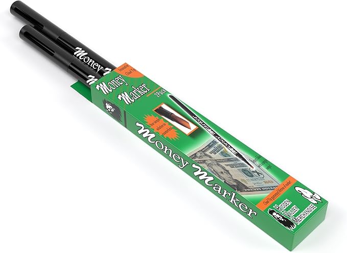 Money Marker (2 Counterfeit Pens) - Counterfeit Bill Detector Pen with Upgraded Chisel Tip - Detects Fake Counterfit Bills, Universal Currency Detectors Pack