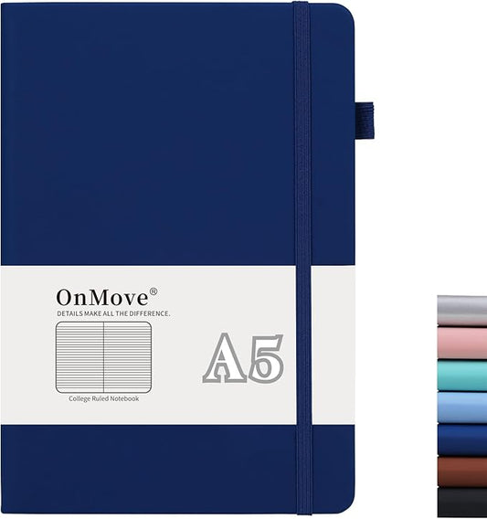 Lined Notebook Journal for Women Men 200 Pages A5 Hardcover Leather with Pen Holder College Ruled Journals for Work Note Taking Travel School (Lined, Navy)