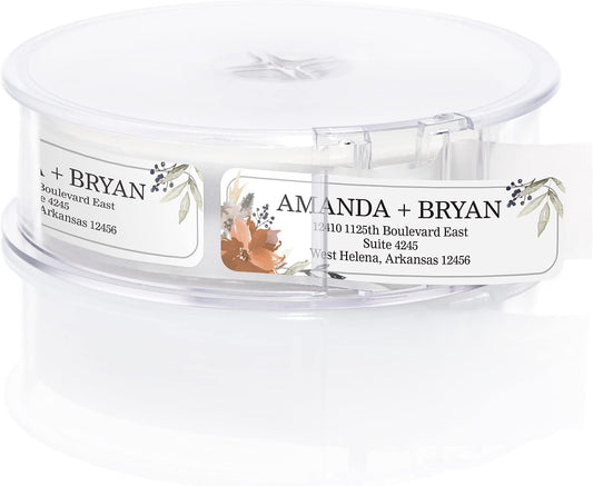 Indie Floral Rolled Address Labels/Roll of 500 Personalized Return Address Labels/Designer Return Address Stickers in Elegant Plastic Dispenser