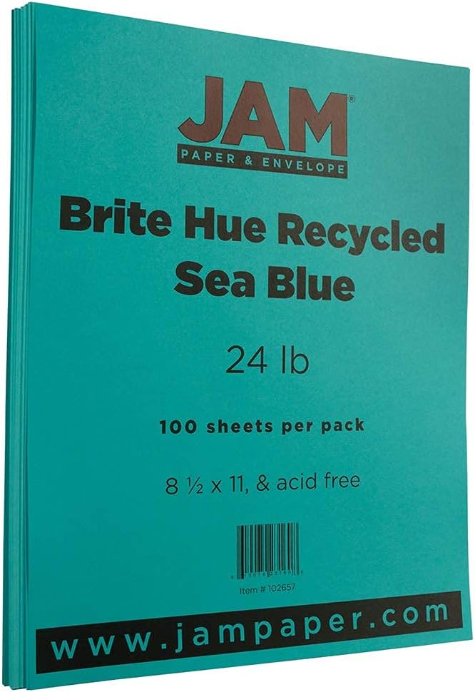 JAM PAPER Colored 24lb Paper - 90 gsm - 8.5 x 11 - Sea Blue Recycled - 50 Sheets/Pack