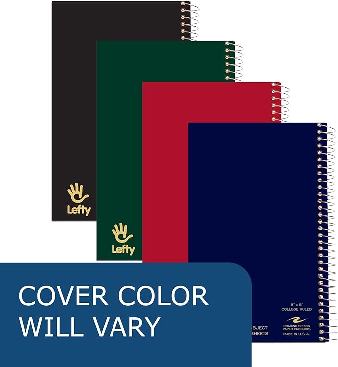 Roaring Spring Lefty Spiral Journal, College Ruled Small Left Handed Notebook, 8" x 5", 80 Sheets, Assorted Color Covers
