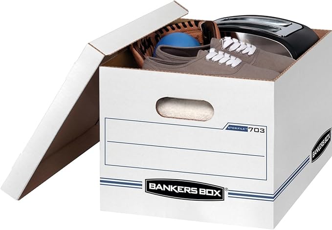 Bankers Box 4 Pack STOR/FILE Basic Duty File Storage Boxes, Standard Assembly, Lift-off Lid, Letter/Legal, White/Blue