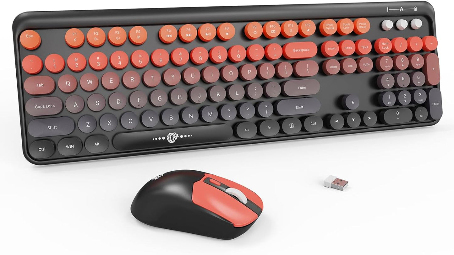 FOPETT Wireless Keyboard and Mouse Combo - 2.4G Full-Sized Cute Colorful Mouse and Keyboard with 104 Round Keys Retro Typewriter Keyboard for Laptop/Windows/PC - Orange Gradient