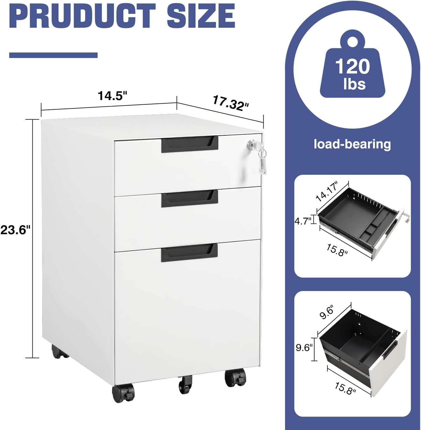 Rolling File Cabinet with Lock, 3 Drawer Metal Mobile Filing Cabinet for Legal/Letter Size, Fully Assembled Except Casters