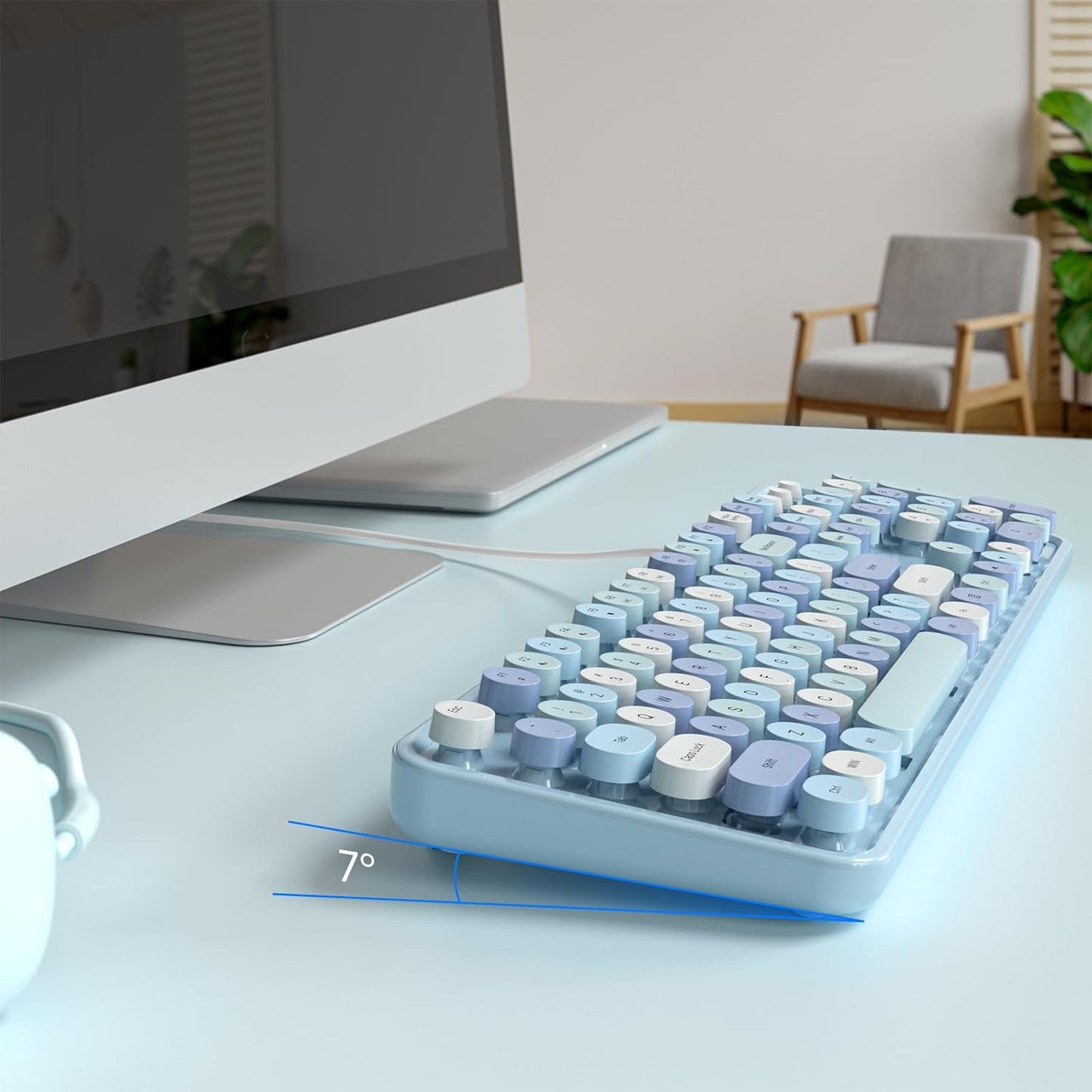 USB Wired Computer Keyboard - Retro Typewriter Keyboard - Full Size Office Keyboard with Number Pad, Caps Indicators, Foldable Stands, for PC Laptop Desktop Windows (Blue Colorful)