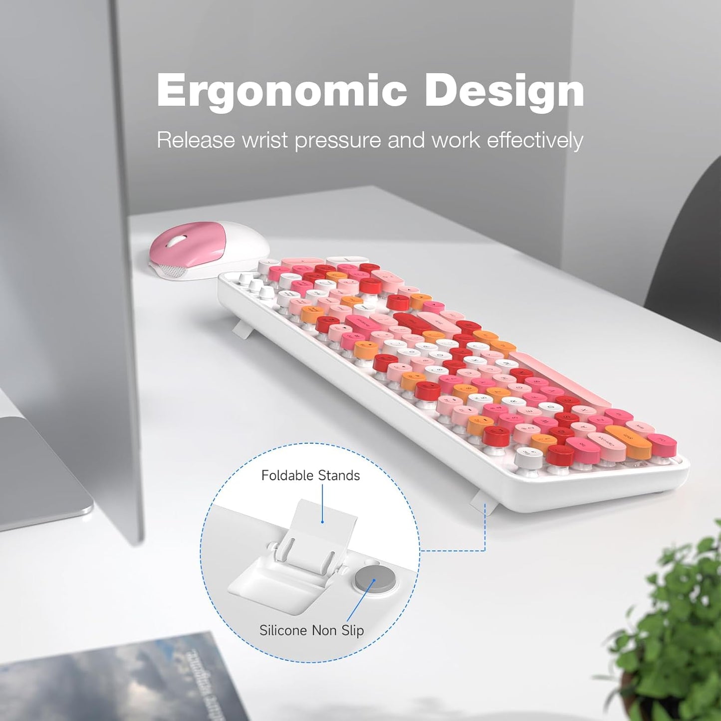 Wireless Keyboard and Mouse Combo, MOWUX Full Size Typewriter Retro Round Computer Keyboard, Mouse Wireless, Plug and Play, for Laptop, PC, Computer- White Colorful