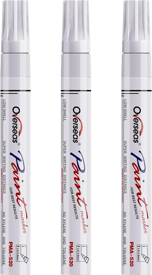 Overseas Permanent Paint Markers Pens - 3 Pack White Oil Based Paint Pens, Medium Tip, Quick Drying and Waterproof Marker Pen for Metal, Rock, Wood, Fabric, Plastic, Canvas, Mugs, Stone, Glass