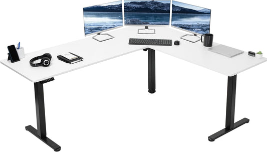 VIVO Electric Corner L-Shaped 75 x 63 in Rustic Standing Desk, Memory Height Adjustment, White Top Black Frame, DESK-E3CTBW-75