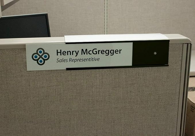 The Original Over the Cube - Quality Aluminum, Changeable Cubicle Nameplate Holder, Satin Silver Base, and Matte Black Name Plate Holder, (2.25" Cubicle Wall Depth) - Made in The USA