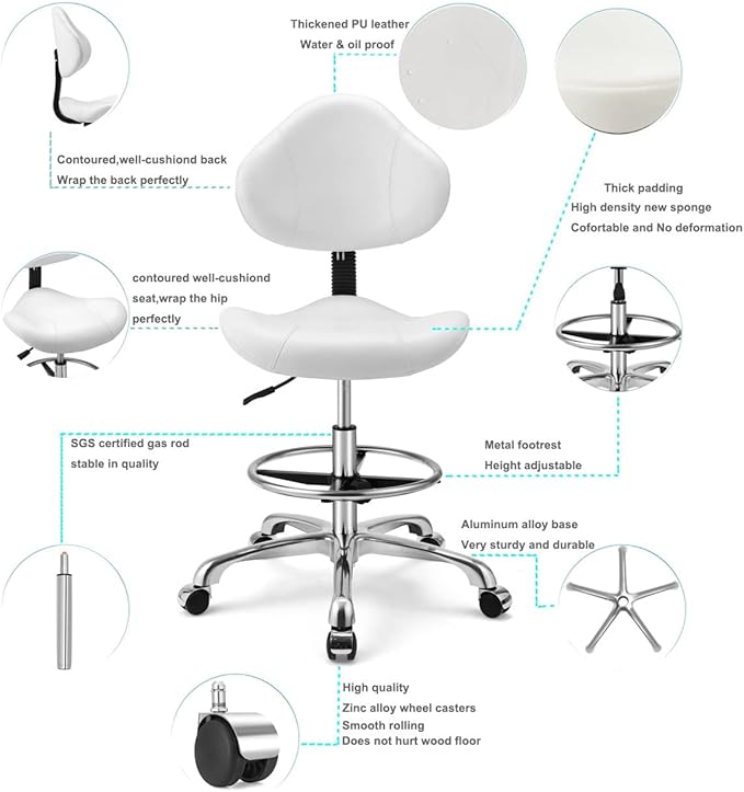 Kaleurrier Ergonomic Drafting Chair with Back Support,Multi-Functional Height Adjustable Swivel Rolling Stool,Multi-Purpose Home Office Desk Chair (White)