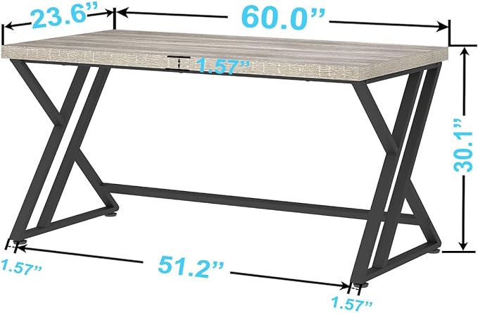 LVB Large Home Office Desk, Long Industrial Computer Desk, Metal Wood Writing Study Computer Table for Student, Big Modern Executive Simple Gaming Work Desk for Bedroom, Light Grey, 60 Inch