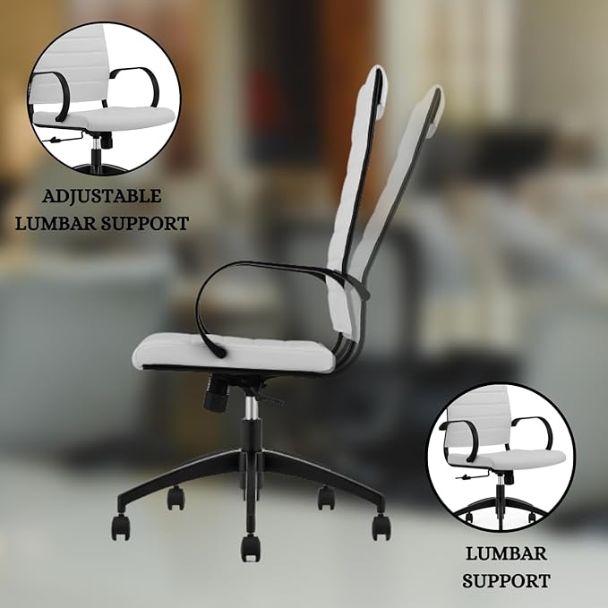 Ribbed High Back Conference Room Chairs - Lumbar Support, Modern Executive Home Office Chair - White Leather Seat & Black Aluminum Frame