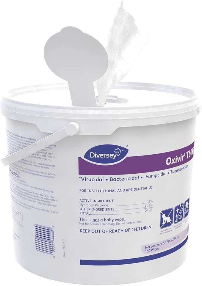 Oxivir Diversey Tb 5627427 Ready-to-Use Disinfectant Cleaning Wipes, Accelerated Hydrogen Peroxide, 11x12-Inch Extra Large Sheets, 160-Wipes, 1-Bucket (Pack of 4)
