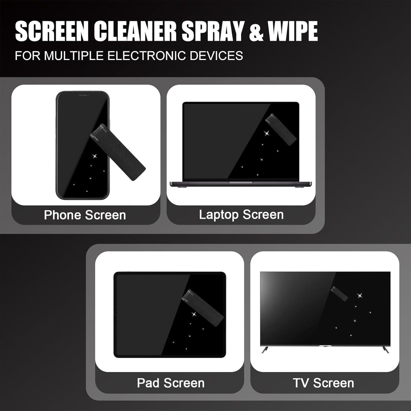walrfid 2 Pack Car Screen Cleaner, Computer Screen Cleaner Spray and Wipe, Laptop Cleaning Mist Kit for Electronic iPad, iPhone, Phone, MacBook, TV, Monitor, Tablet Display, with Graffiti Case, Black