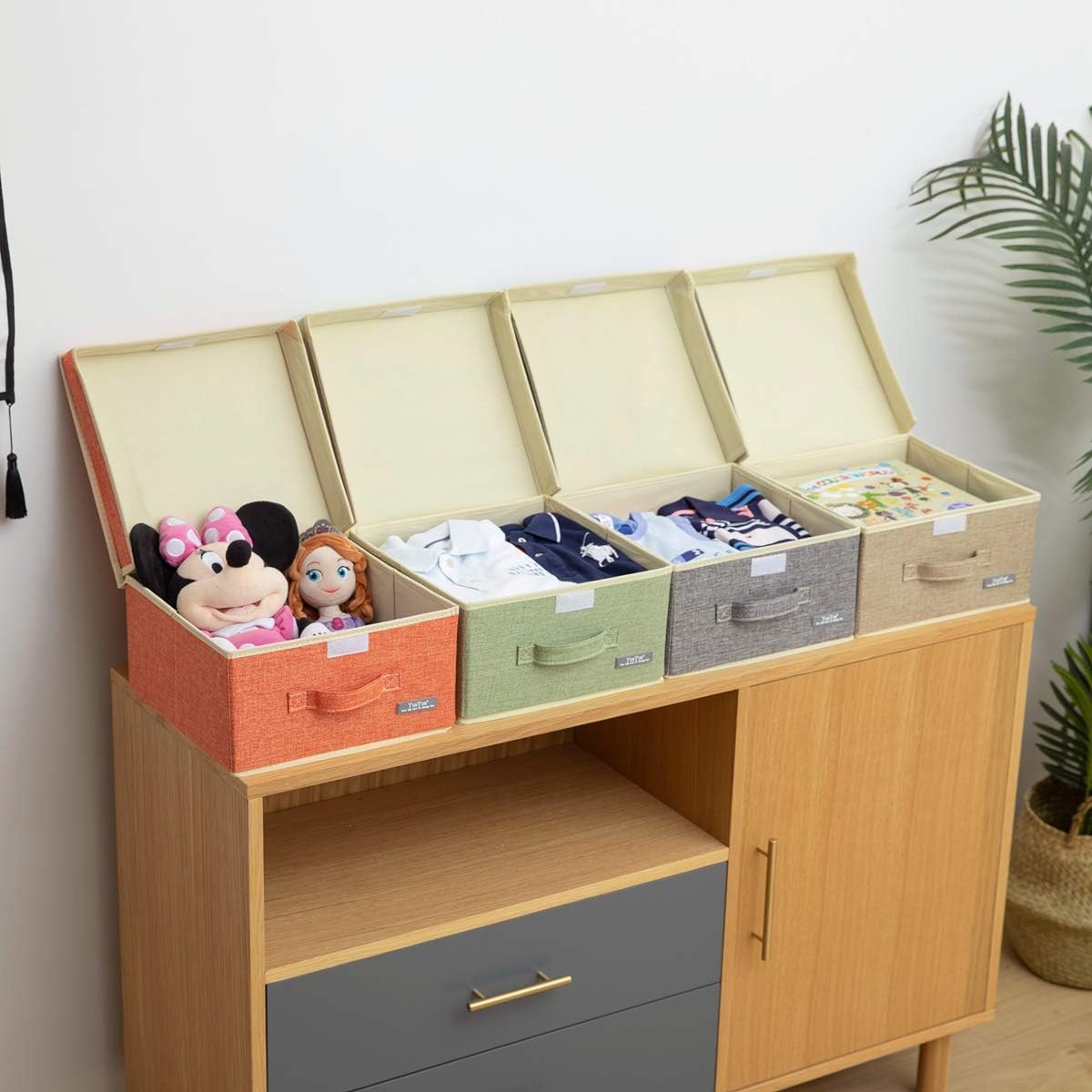 YueYue Small 4 Pack Fabric Stroage Box with Lids, Linen Foldable Stroage Box with lids 4 Color Set 12.4in/12in/6.7in