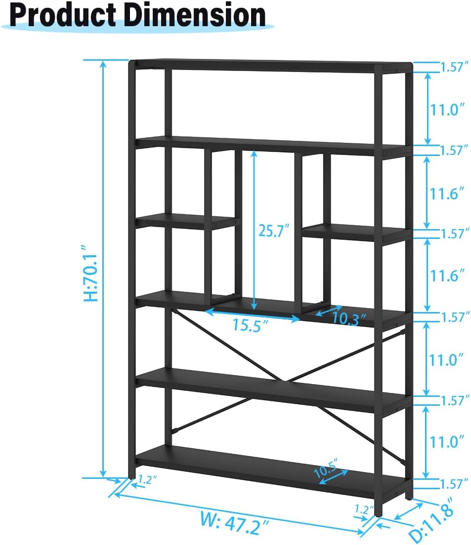 LVB 6 Tier Tall Black Bookshelf, Modern Large Wide Book Rack Storage, Industrial Wood Metal Etagere 6 Shelf Bookcase, Farmhouse Open Display Book Shelf Organizer for Bedroom Living Room Office, Black