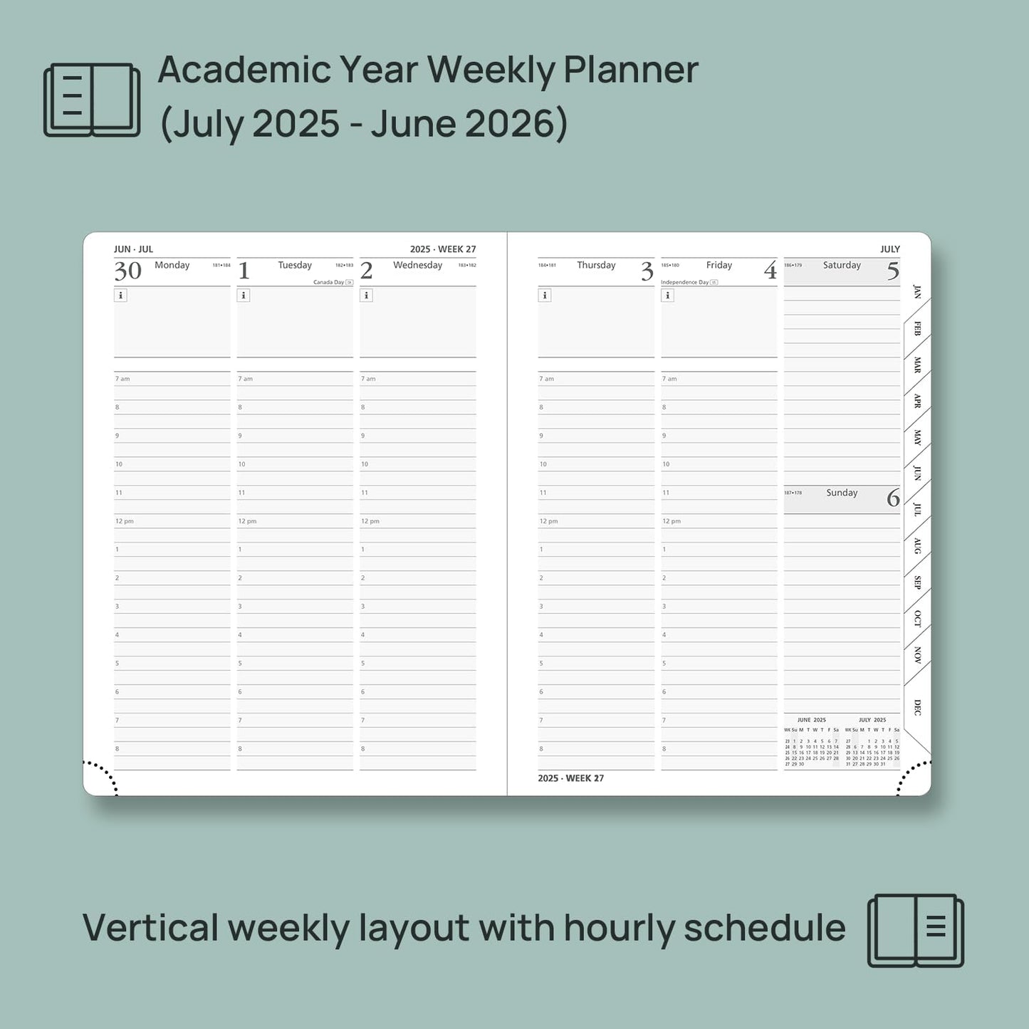POPRUN Planner 2025-2026, (Medium 6.5'' x 8.5'' Hard Cover) Academic Calendar (July 25-June 26) Daily Weekly and Monthly Appointment Book with Hourly Time Slots, Monthly Tabs, 100 GSM - Violet
