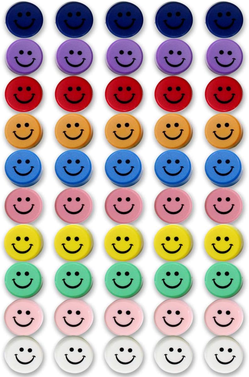 Qualsen Fridge Magnets, 50pcs Smiley Face Magnets, Small Magnet for Whiteboard, Mini Cute Magnet for Fridge, Locker, White Board, Kitchen, Office, Classroom (10 Colors Smile)