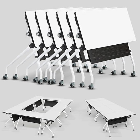 Conference Table, Folding Conference Room Tables, Mobile Training Tables with Silent Wheels, Large Rectangular Modular Seminar Table Office Computer Desks for Classroom White (6Pack L70.9in)