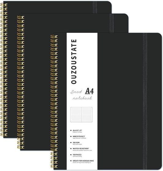 Spiral Notebook 8.5" x 11", A4 Lined Black Hardcover College Ruled Notebook for Work, 120 Pages 100GSM Large Thick Spiral Writing Journal for Women & Men