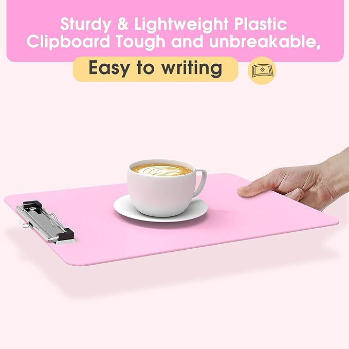 Plastic Clipboards 2 Pack, A4 Pink Clip Board 8.5x11 for Classroom, Students, Kid, Woman, Size 9" x 12.5" with Low Profile Clip, Office & School Supply