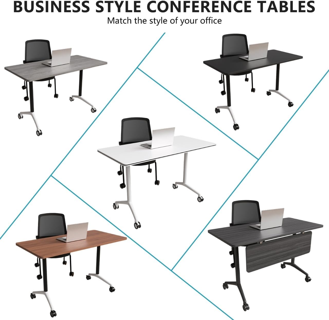 Conference Room Table, Folding Conference Tables,Thicken Grey Tabletop,Flip Top Wooden Seminar Meeting Room Table for Conference Room Offices (2, Black+White, 61.0“)