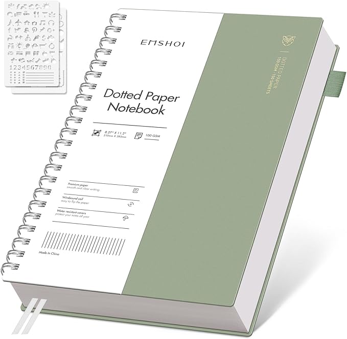 EMSHOI A4 Spiral Notebook Bullet Dotted Journal, Dotted Grid Notebook with 300 Pages, 100gsm Thick Paper, Waterproof Softcover Notebook for School Work Writing, 8.27" × 11.2" - Light Green