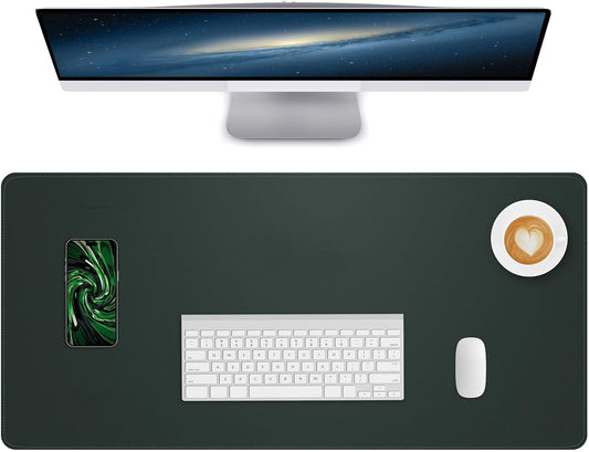 Leather Desk Pad Protector Large Mouse Pad, Stitched Locking Edge Laptop Computer Desk Mat Blotter, Non-Slip Waterproof Durable Writing Pad for Office and Home (Dark Green, 80 x 40cm)
