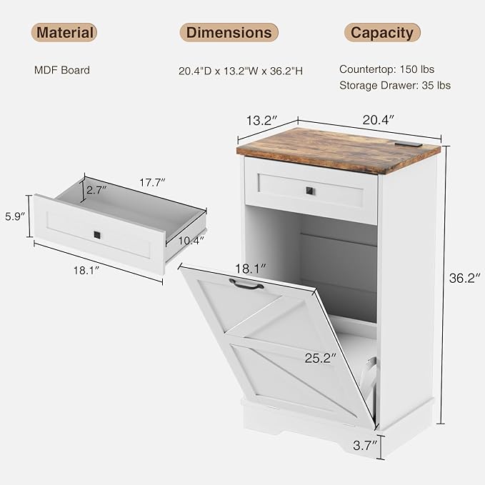 Tilt Out Trash Can, Farmhouse Kitchen Trash Cabinet w/Negative Ion, Dog Proof 10 Gallon Garbage Can for Kitchen, Bathroom, Living Room, White