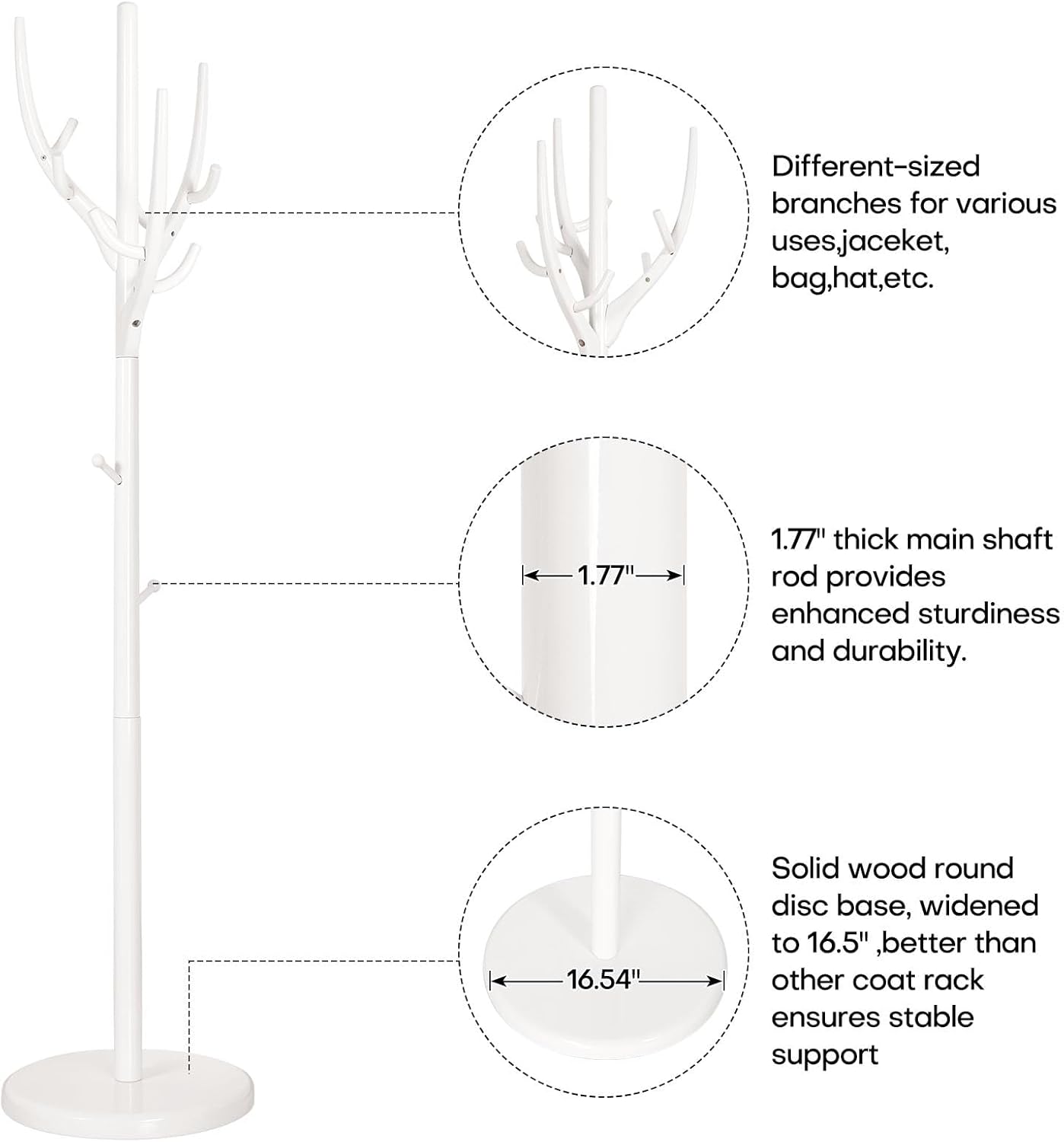 Coat Rack Freestanding, Wooden Coat Rack Stand with 16.5" Round Base, Tree Branch-look, 72" Coat Tree Standing Heavy Duty Clothes Hanger with 12 Hooks for Corner Entryway, White